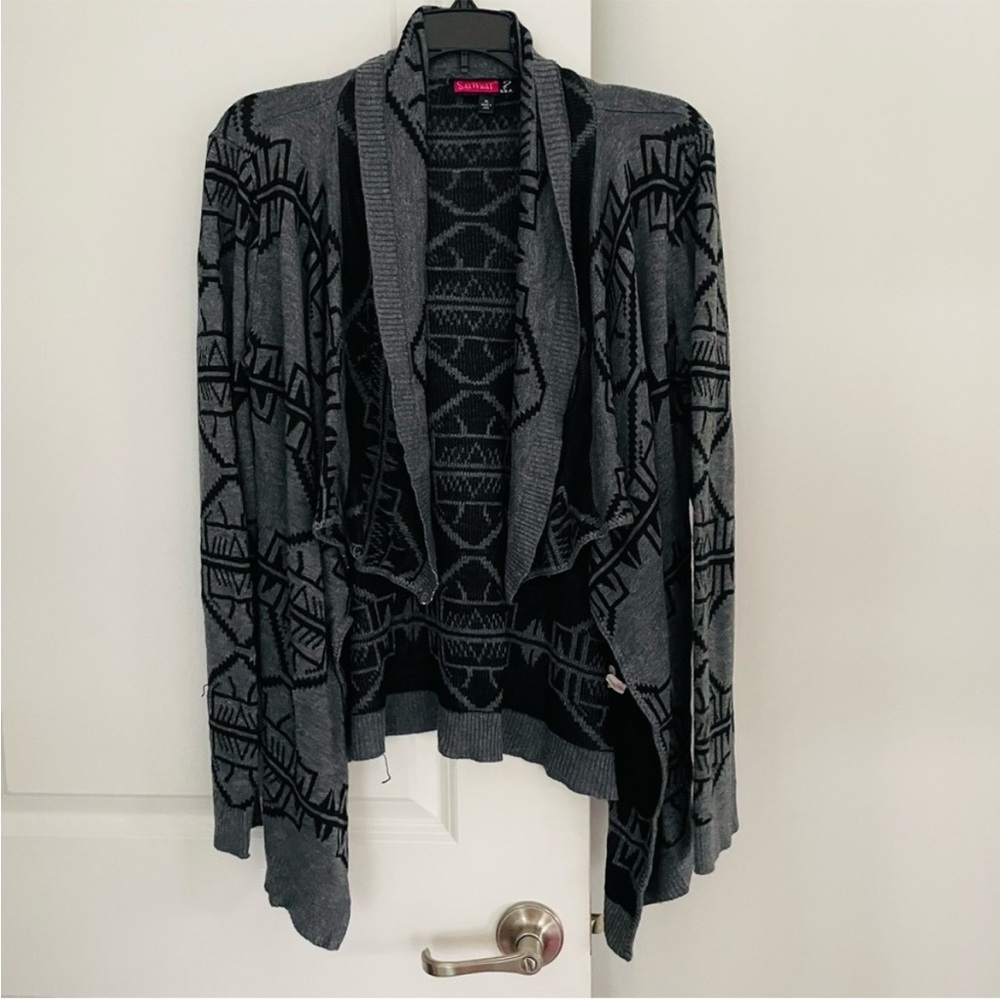 Say What? Acrylic Black and Gray Aztec Open Cardigan Sweater Size XL